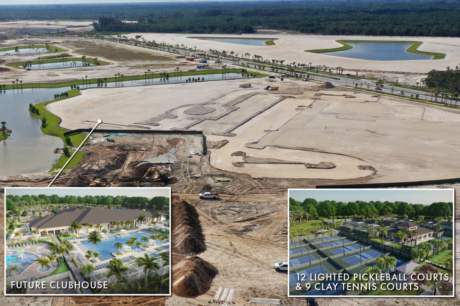 Construction site of new Avenir clubhouse in Florida, with an aerial view showing earthmoving equipment and outlines of future amenities including pickleball and tennis courts, alongside artist renderings of the finished recreational facility.