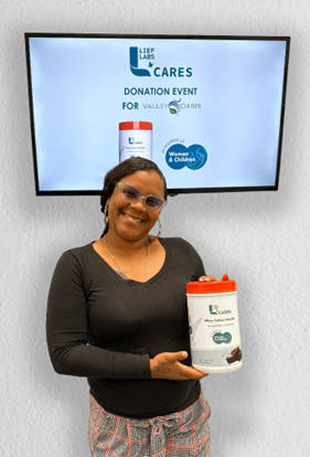 Quinesha Lambert, Program Manager at Valley Oasis (pictured), at May 13th presentation for Lief Cares' nutritional supplement donation to Valley Oasis program participants.