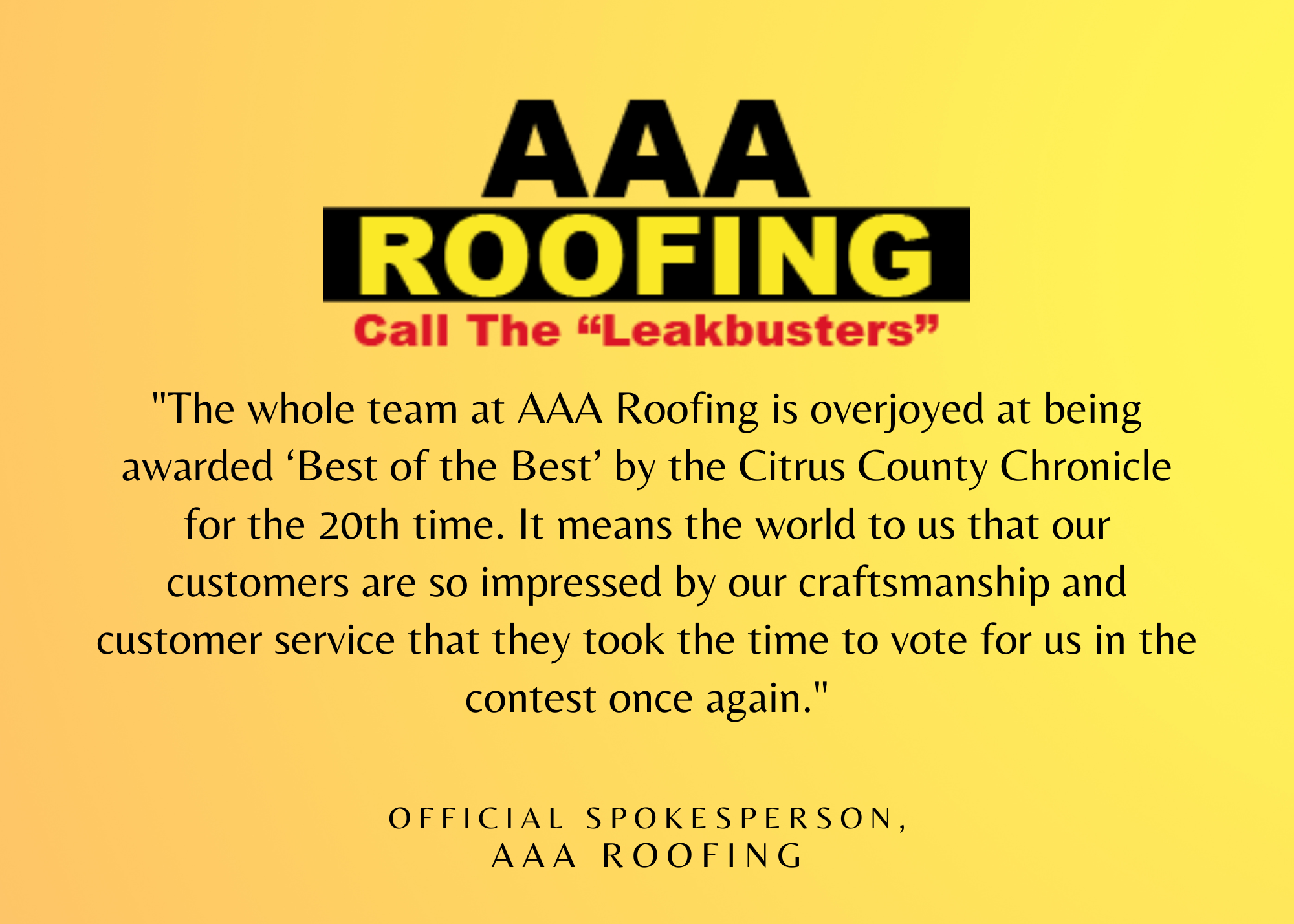 AAA Roofing is Named ‘Best of the Best’ by the Citrus County Chronicle for the 20th Time