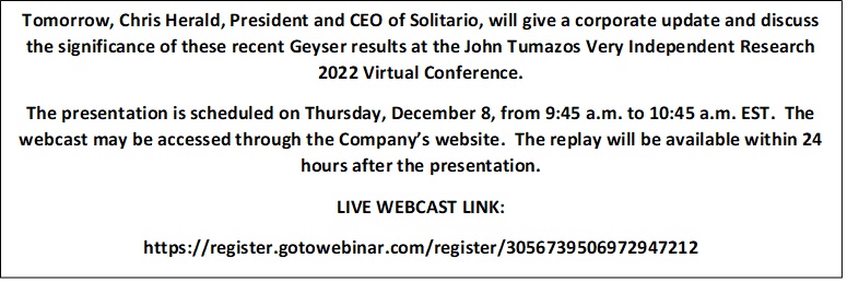 Solitario Zinc Corp., Wednesday, December 7, 2022, Press release picture